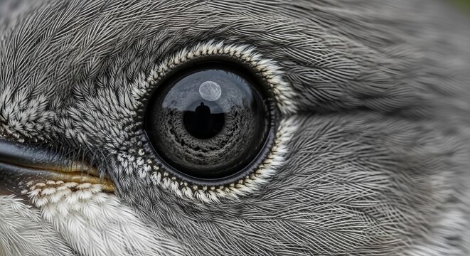 Extreme close-up of a bird's eye showing intricate feather detail and a moon reflection