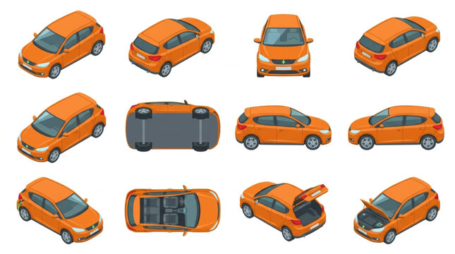 Orange Car Multiple Views Isometric Set.
