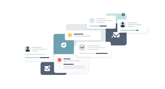 Abstract Digital Interface Illustration Featuring Message Cards, User Profiles, and Task Progress Icons for Business Management and Communication