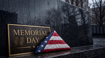 Fototapeta premium Folded United States flag resting on a black granite monument with a bronze Memorial Day plaque during a rainy day. Concept of military tribute, remembrance, and national holiday.