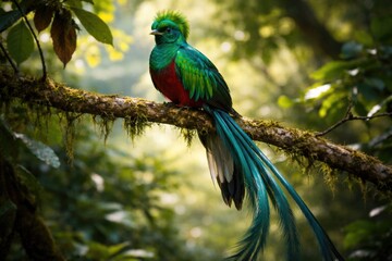 Obraz premium Beautiful quetzal displaying radiant plumage while perched on branch in forest canopy