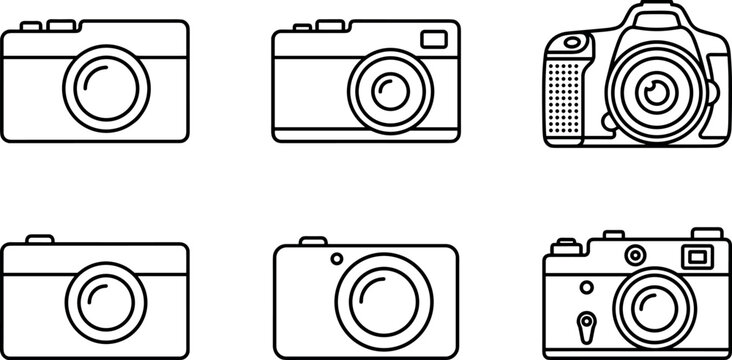 Camera Outline Icon Set with Digital Photography Devices Retro Compact Cameras and DSLR Vector Illustrations