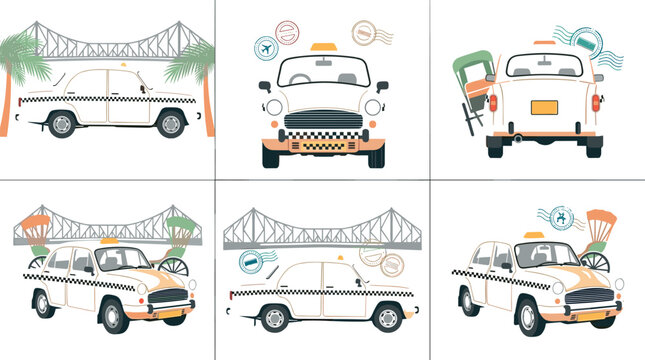 Kolkata Yellow Taxi and Howrah Bridge Vector Illustration Set Featuring Vintage Hindustan Ambassador Cab Hand Pulled Rickshaw and Heritage India City Travel Graphics