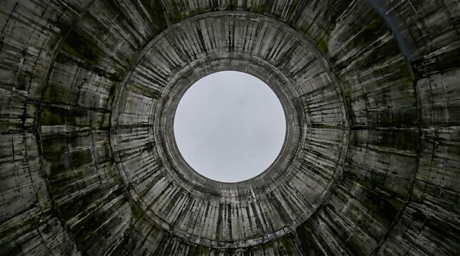 Abstract low-angle view from inside a massive weathered concrete industrial structure, possibly a cooling tower, looking up at the circular sky opening.