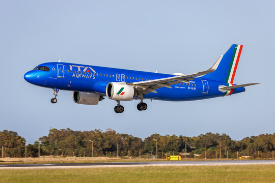 Luqa, Malta - May 17, 2026: ITA Airways Airbus A320-272N (REG: EI-HJD) on finals runway 31 on a cloudy afternoon.