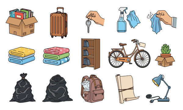 Household Moving Relocation and Cleaning Vector Illustration Icons