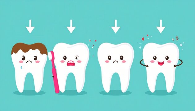 Illustration de bande dessin&eacute;e s&eacute;quentielle montrant le parcours d'une dent de la carie &agrave; la sant&eacute; blanche par le brossage