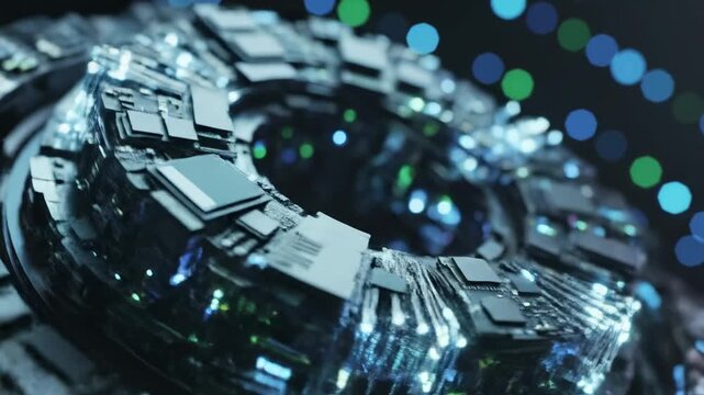 Intricate toroidal structure displays advanced circuitry with illuminating fiber optics and shimmering bokeh, suggesting futuristic technology and digital connectivity in a profoundly