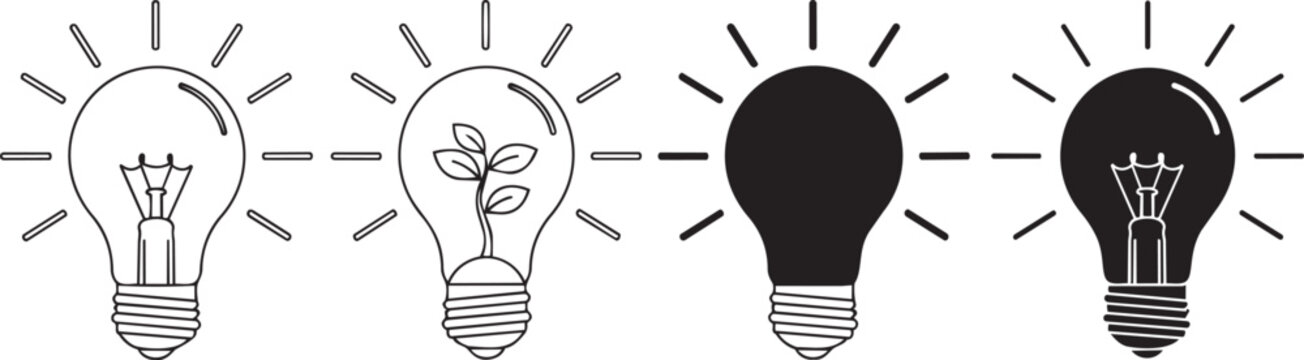 Four lightbulb with different glowing filaments and bases in black and white outline