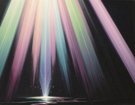 Rayons lumineux color&eacute;s cr&eacute;ant une lueur &eacute;th&eacute;r&eacute;e se refl&eacute;tant sur une surface liquide mystique