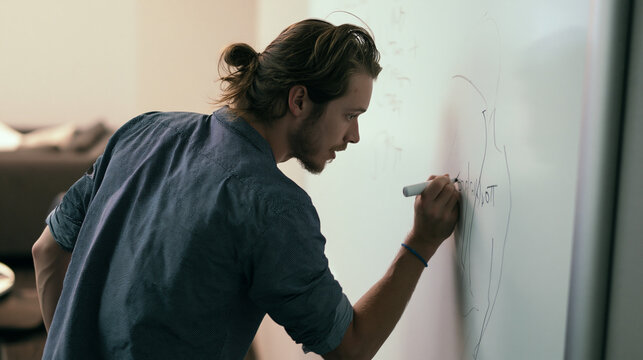Tired focused beginner entrepreneur erasing old plans from a whiteboard and drawing a simpler pivot in a small office corner realistic documentary