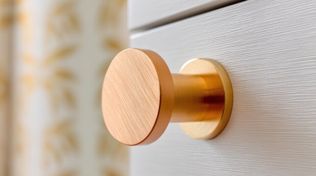 Extreme macro of a flat matte bronze magnetic disc pull on a minimalist cabinet door, blurred designer wallpaper background, soft side light, tactile metal