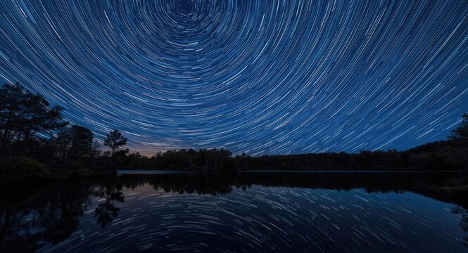 Circular star trails captured above serene lake waters at night