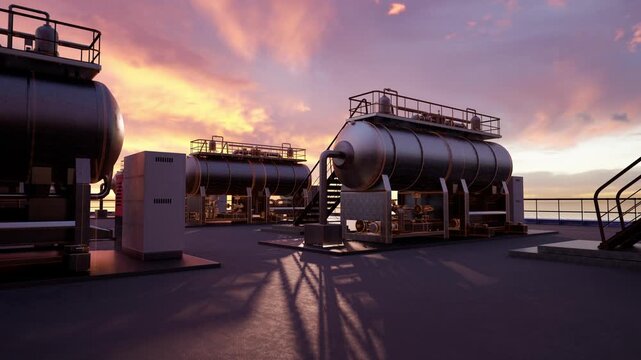 Massive cylindrical industrial pressure tanks and steam generators at an oil and gas facility under a vivid sunset sky. Perfect for energy, power plant, refinery, and heavy industry content.