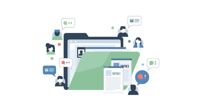 Digital Knowledge Management and Corporate Wiki Platform Concept with Team Collaboration Icons