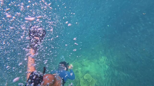 A diver plunges into clear ocean water, swimming alongside a vast school of fish and observing the underwater coral reef