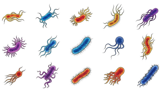 Flagellated Bacteria Vector Icon Sheet with Dynamic Colorful Cells Moving Pili and Flagella Microbiology Microbe Graphics Isolated Flat Icons Set