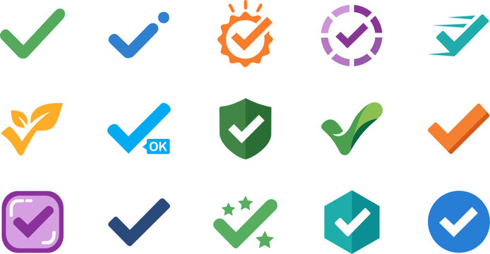 Check mark icon set, colorful checkmark and tick symbols, ok success validation vector elements