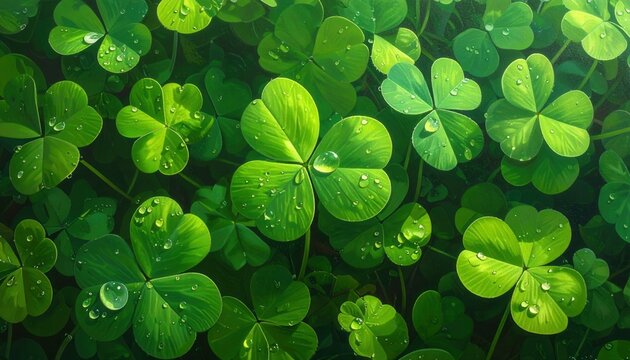 Gros plan de feuilles de tr&egrave;fle vert avec gouttes de ros&eacute;e &eacute;tincelantes et fra&icirc;cheur