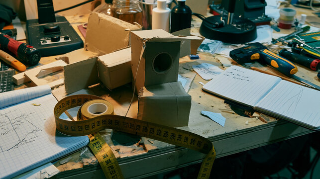 Handmade prototype on cluttered workbench with tools, measuring tape and notebook with corrections, first version of a product, realistic workshop documentary mood