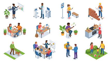 Fototapeta premium Diverse Urban People and Daily Life Isometric Vector Illustration Set