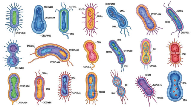 Bacteria Anatomy Vector Icon Sheet with Colorful Cross Section Diagram Cell Wall Cytoplasm DNA Structure Microbiology Diagram Isolated Flat Icons Set