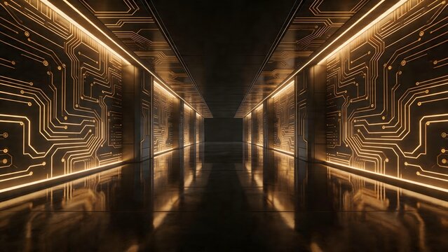 Futuristic corridor with glowing circuit patterns