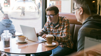Fototapeta premium Nervous beginner entrepreneur opens a laptop for a first business meeting in a modest cafe while a client listens over coffee cups