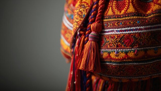Brightly stitched traditional folk bag with tassel ornamentation embodying Moldovan costume artistry