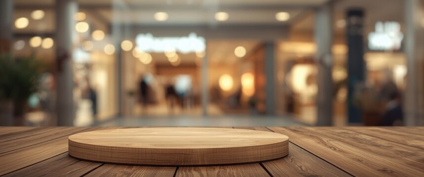Circular Wooden Podium on Display Shopping Center Background, Bokeh Lights, Soft Focus