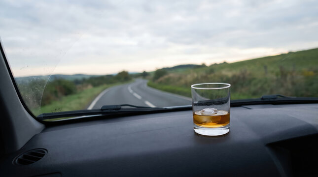 Glass of whiskey with ice cube on car dashboard. Drunk driving concept. Dangerous behavior on road while traveling. Prohibition of alcohol consumption before operating vehicle traffic safety.