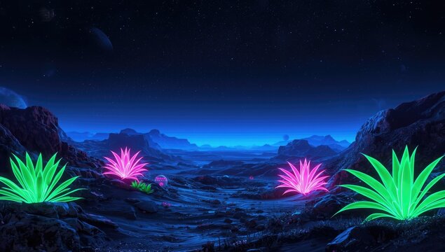 Alien world with luminous neon vegetation in space game nighttime backdrop