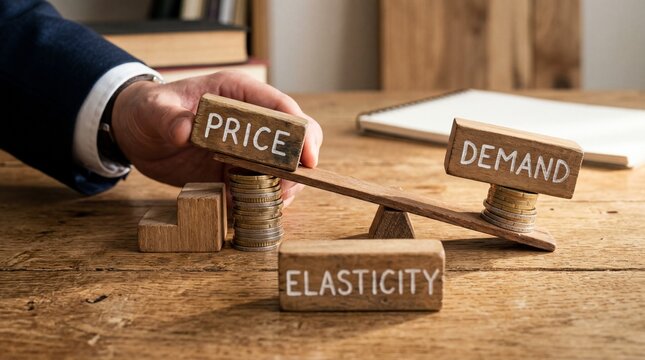Hand adjusting wooden blocks labeled price and demand on seesaw with elasticity concept