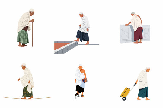 A collection of flat vector illustrations showing elderly Muslim men in traditional Ihram attire during the Hajj or Umrah pilgrimage, isolated on white.