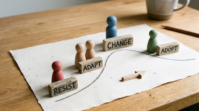 Wooden peg figures with text blocks on drawn change adoption curve on desk