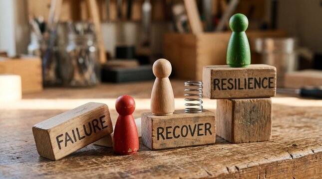 Wooden figures and blocks showing failure recover resilience journey on rustic table