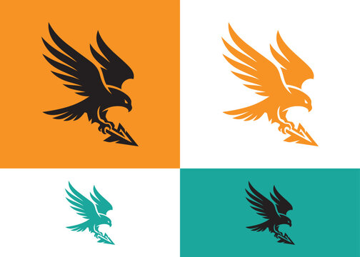 Eagle with spear logo, predatory bird, freedom and power, hunter icon.