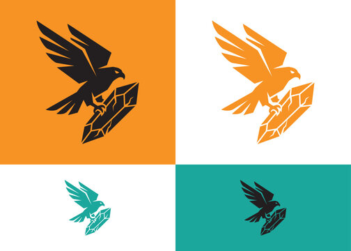 Powerful hawk bird swooping down holding geometric crystal stone vector graphic set.