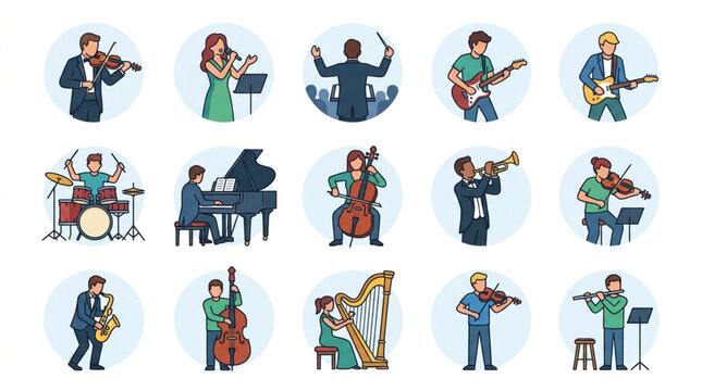 Collection of Musicians Playing Various Instruments in Circular Frames.