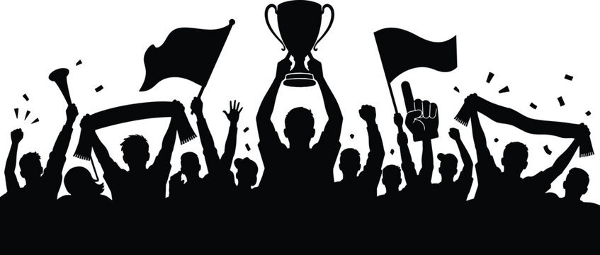 World Cup 2026 football fans celebration illustration featuring cheering crowd silhouettes with flags, scarves, and trophies representing global soccer excitement.
