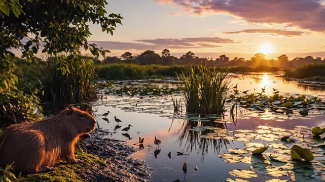 Capybara rests by sunlit riverbank at sunset