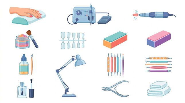 Collection of Nail Care Tools and Equipment for Manicure and Pedicure.
