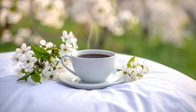 Coffee steaming on white sheet with spring blossoms