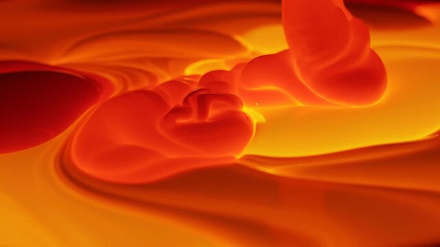 Abstract vibrant orange and red liquid swirling pattern with glowing smooth texture and flowing shapes