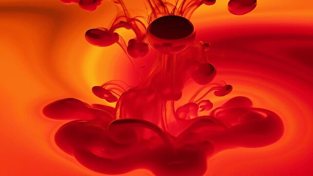 Abstract red ink swirling in vibrant orange liquid with dynamic fluid motion and colorful artistic background