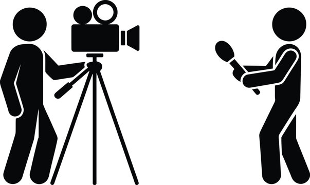 Two people filming and interviewing with camera and microphone