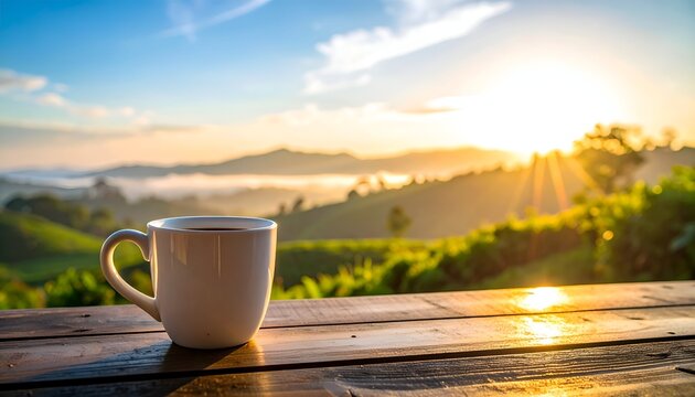Morning coffee mug on wooden table with scenic sunrise mountain background