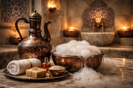 Authentic Turkish bath area including water jar copper vessel and foam soap