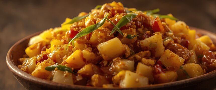 Authentic Rujak Aceh close view showing mixture of fruits and bold spicy dressing