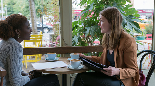 Negotiation between an entrepreneur and a buyer in a small cafe with coffee cups, a folder in hand, and careful listening amid subtle tension
